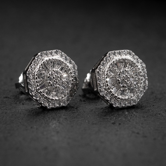 White Gold Plated Iced 925 Sterling Silver Cz Mens Octagonal Shaped Stud Earring - Picture 1 of 5